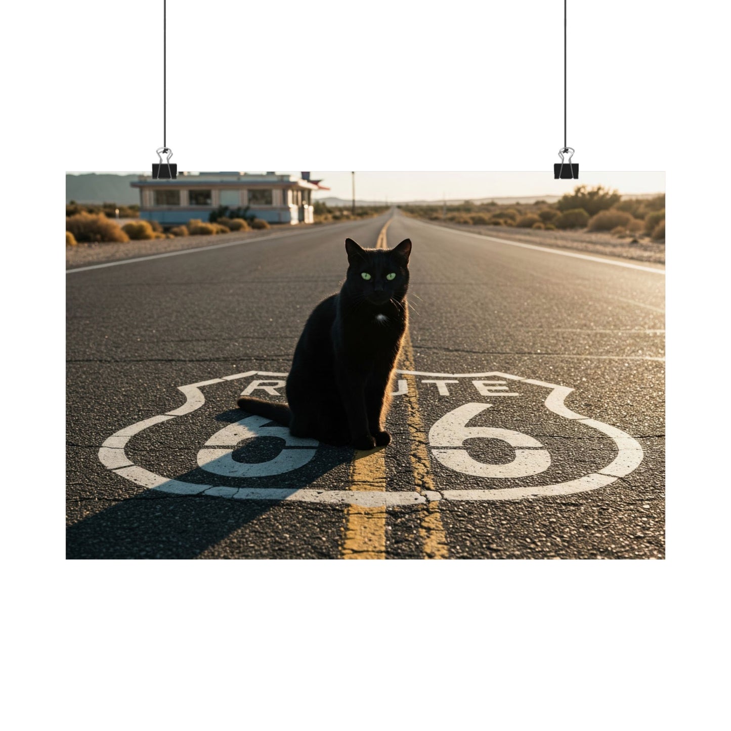 Chic Matte Horizontal Poster - Black Cat on Route 66 - Modern Wall Art