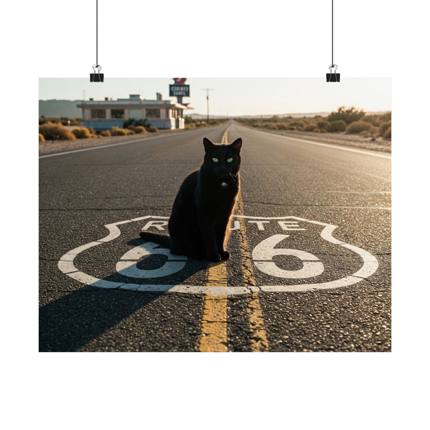 Chic Matte Horizontal Poster - Black Cat on Route 66 - Modern Wall Art