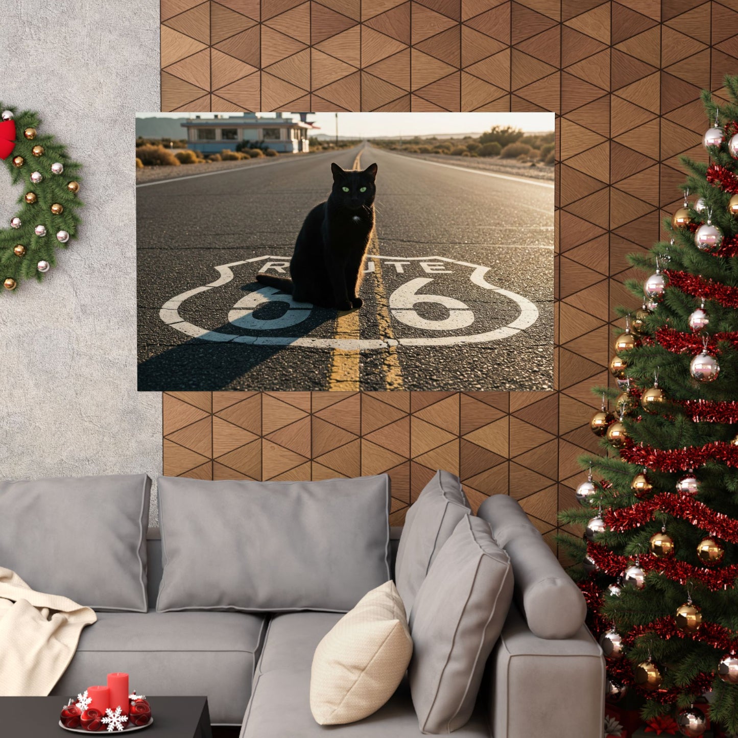 Chic Matte Horizontal Poster - Black Cat on Route 66 - Modern Wall Art
