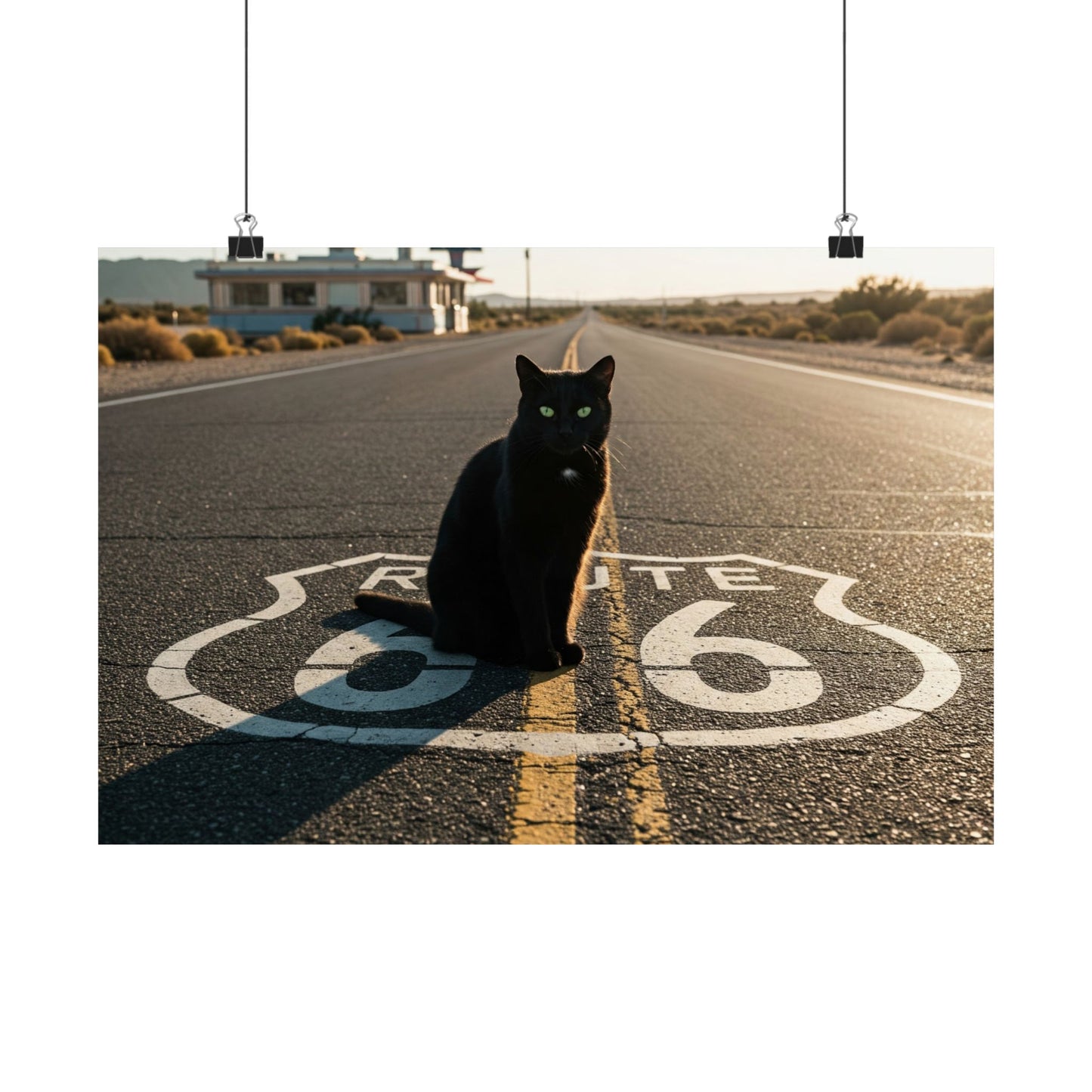 Chic Matte Horizontal Poster - Black Cat on Route 66 - Modern Wall Art