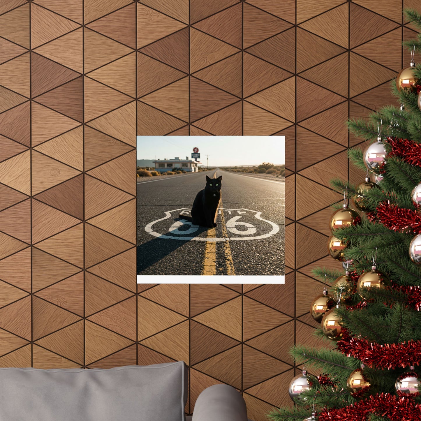 Chic Matte Horizontal Poster - Black Cat on Route 66 - Modern Wall Art