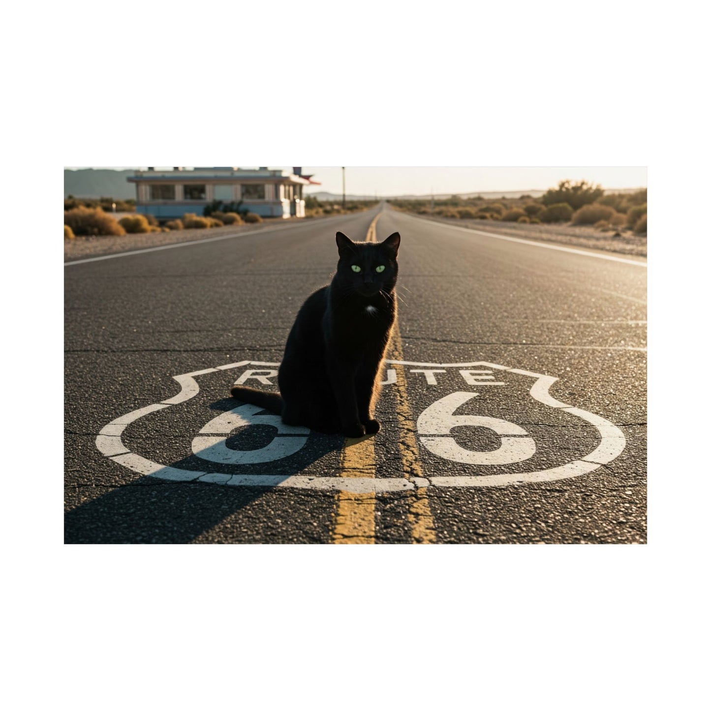 Chic Matte Horizontal Poster - Black Cat on Route 66 - Modern Wall Art