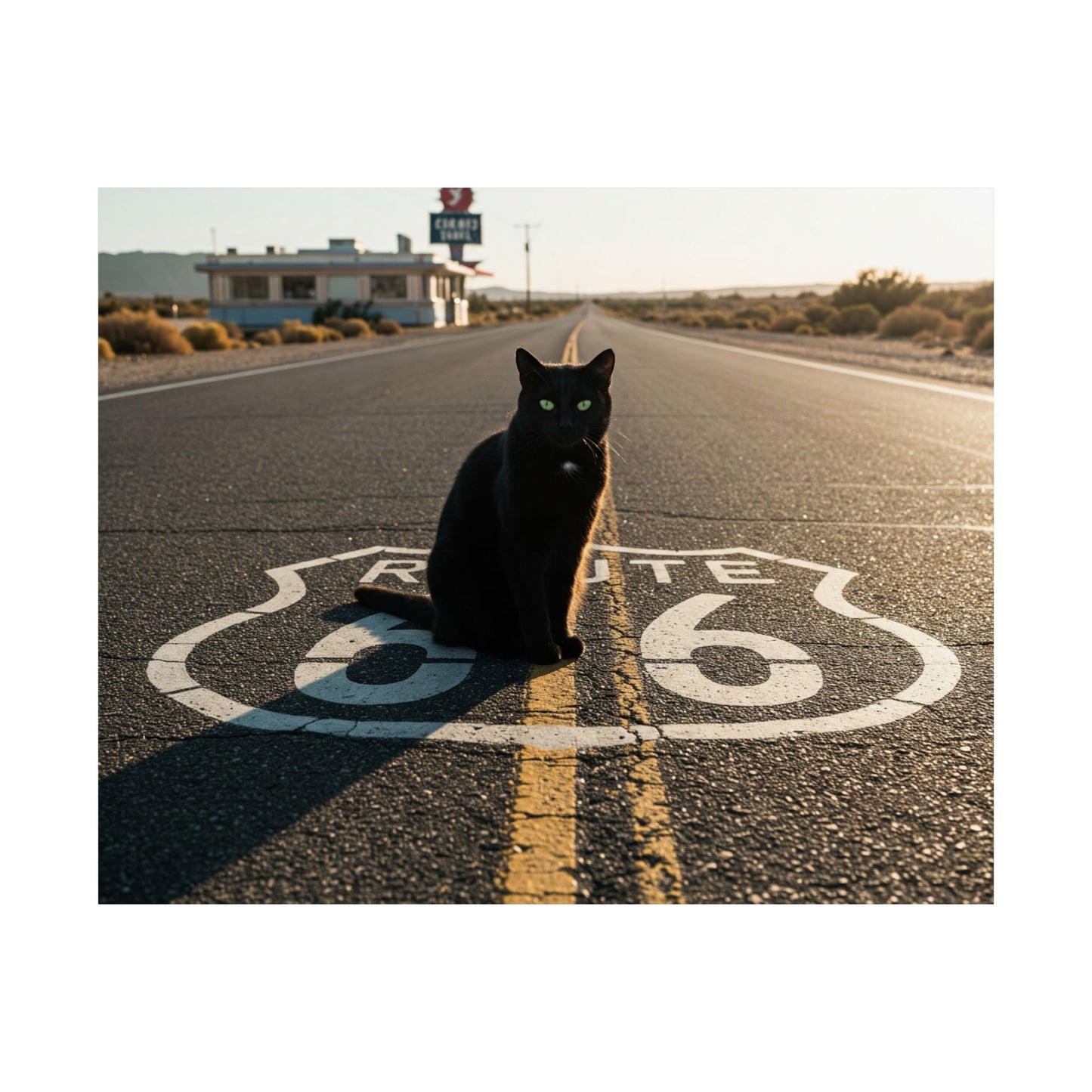 Chic Matte Horizontal Poster - Black Cat on Route 66 - Modern Wall Art
