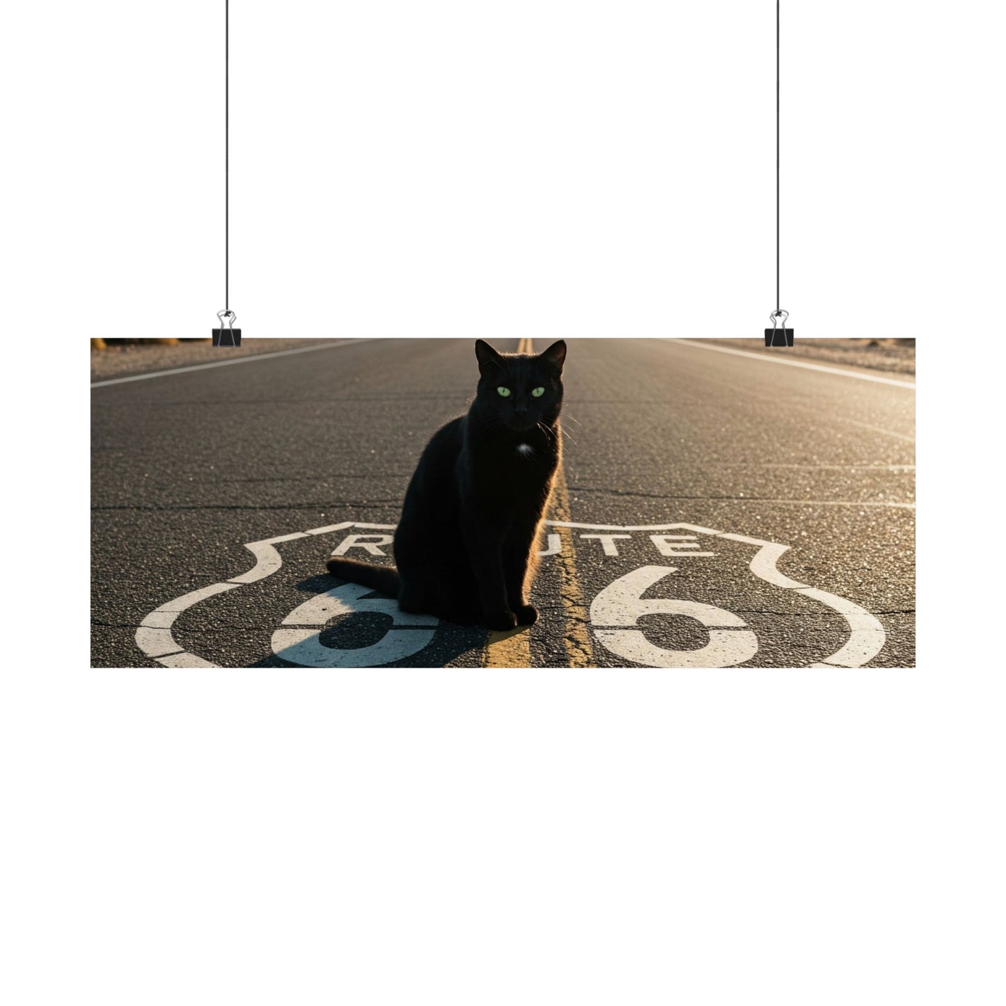 Chic Matte Horizontal Poster - Black Cat on Route 66 - Modern Wall Art