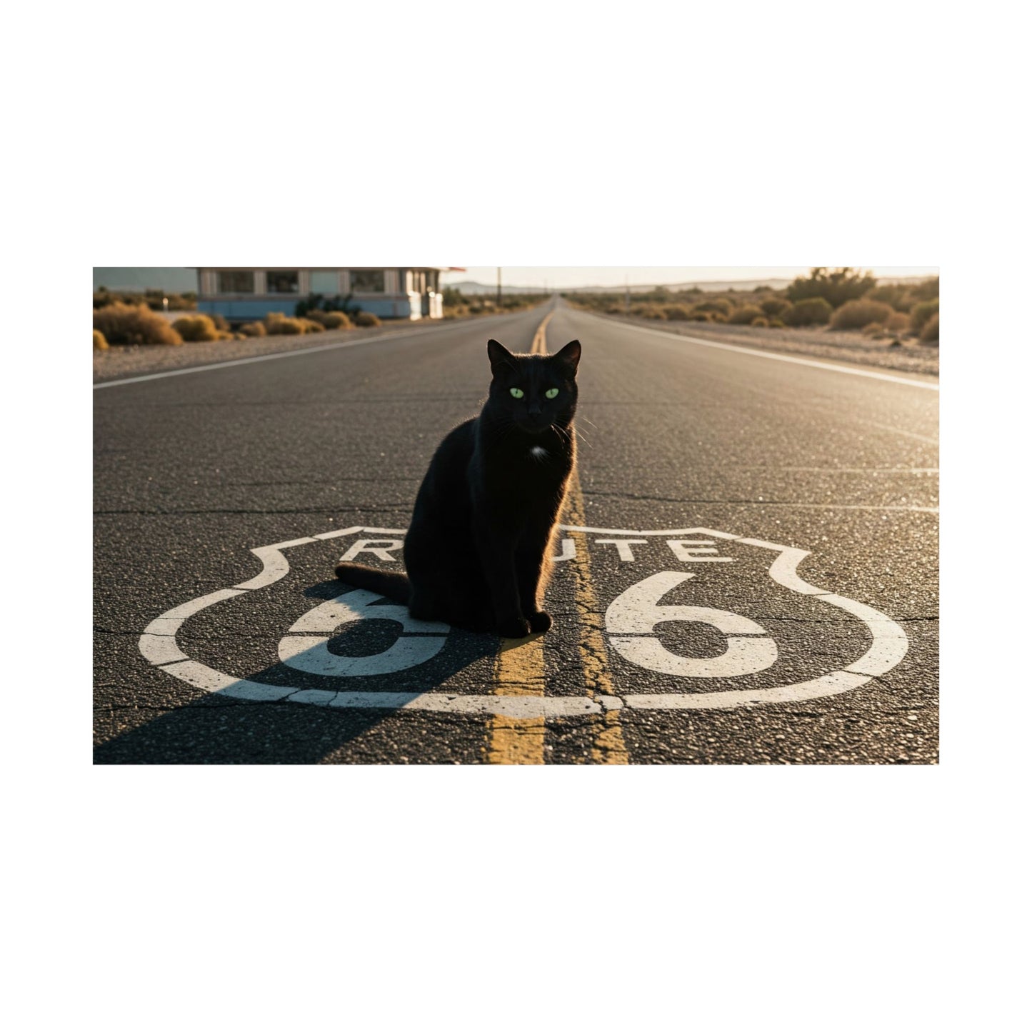 Chic Matte Horizontal Poster - Black Cat on Route 66 - Modern Wall Art