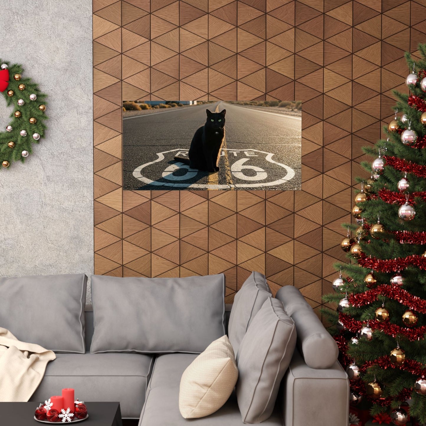 Chic Matte Horizontal Poster - Black Cat on Route 66 - Modern Wall Art