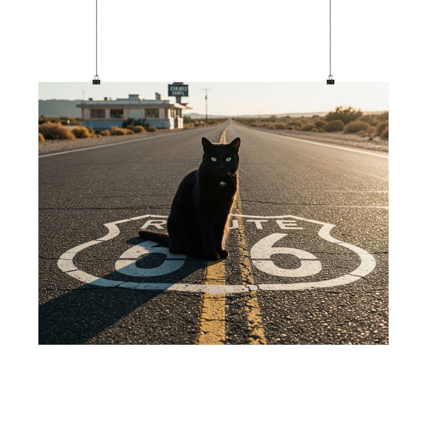 black cat sitting in the middle of a road