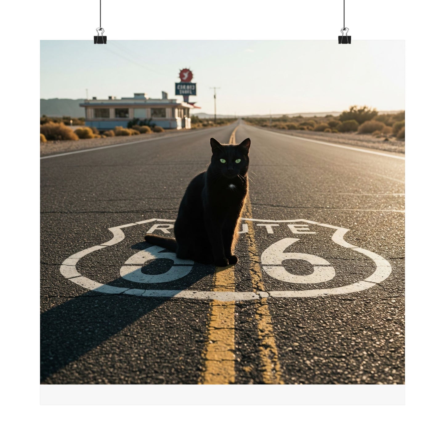Chic Matte Horizontal Poster - Black Cat on Route 66 - Modern Wall Art