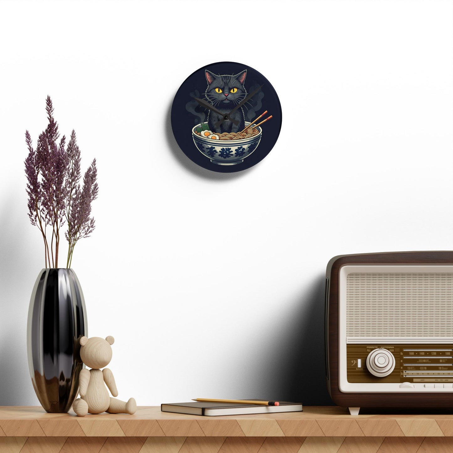 Acrylic Wall Clock Mysterious Ramen Cat