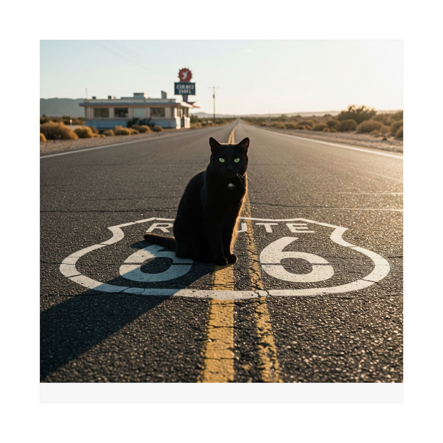 Chic Matte Horizontal Poster - Black Cat on Route 66 - Modern Wall Art