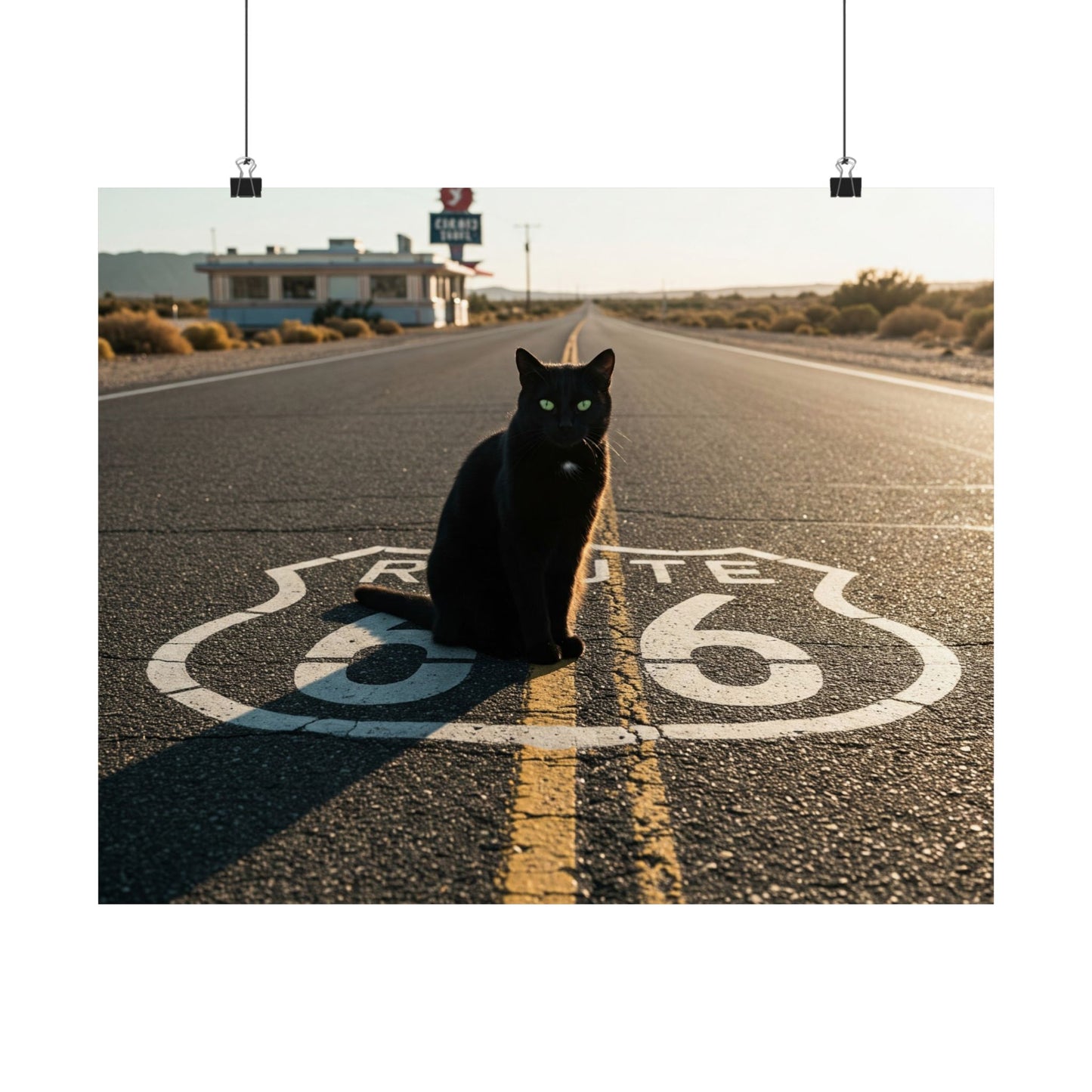 Chic Matte Horizontal Poster - Black Cat on Route 66 - Modern Wall Art