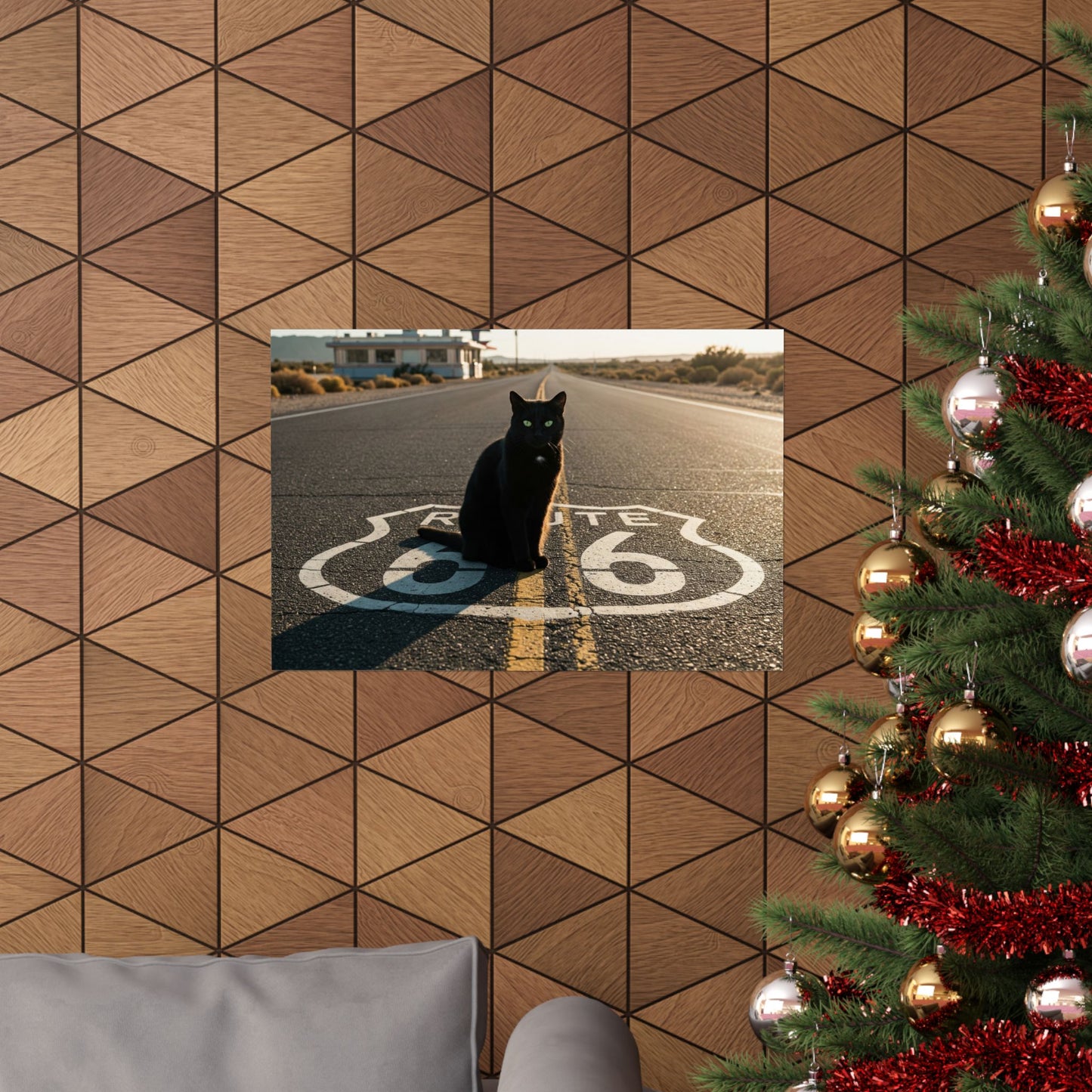 Chic Matte Horizontal Poster - Black Cat on Route 66 - Modern Wall Art