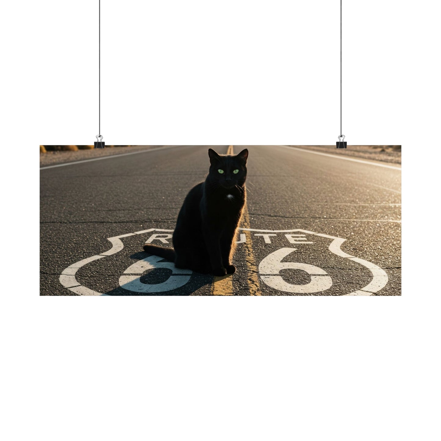 Chic Matte Horizontal Poster - Black Cat on Route 66 - Modern Wall Art
