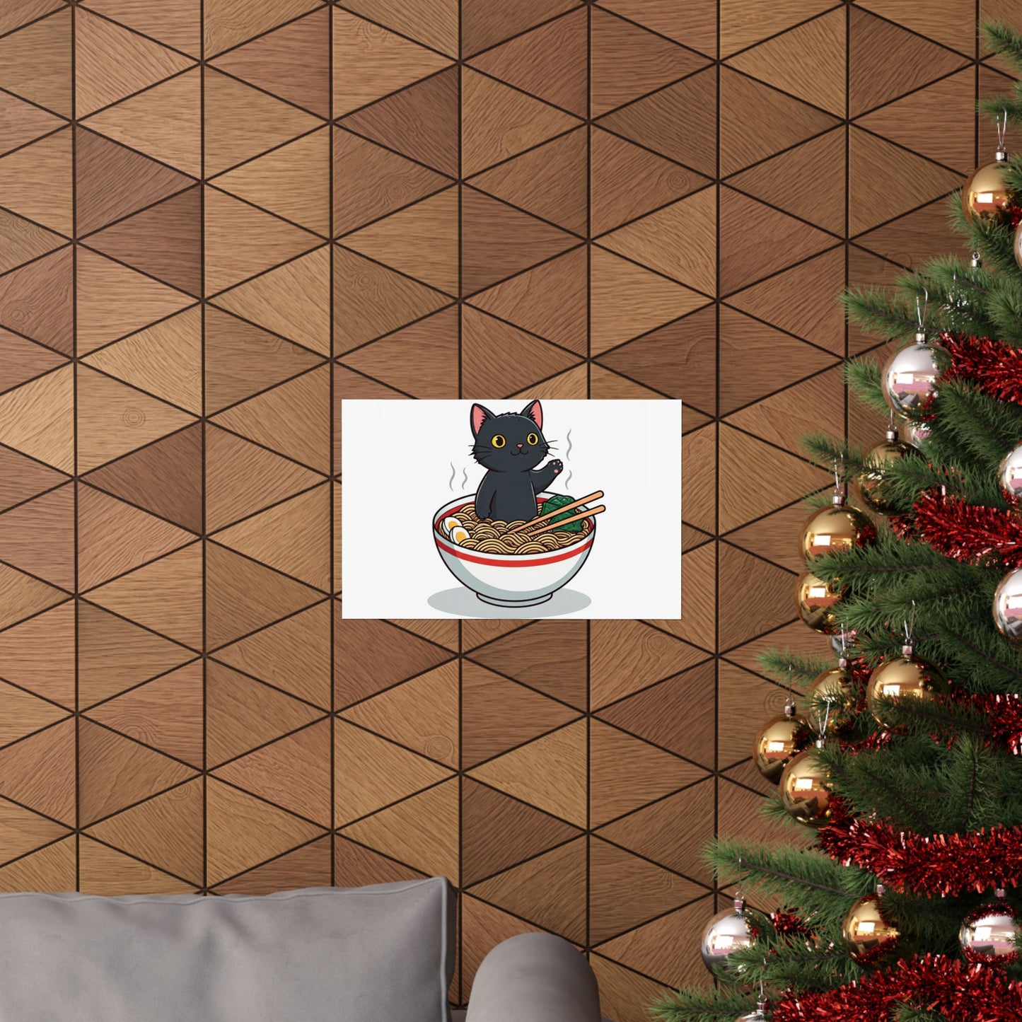black cat in a bowl of ramen noodles wall art