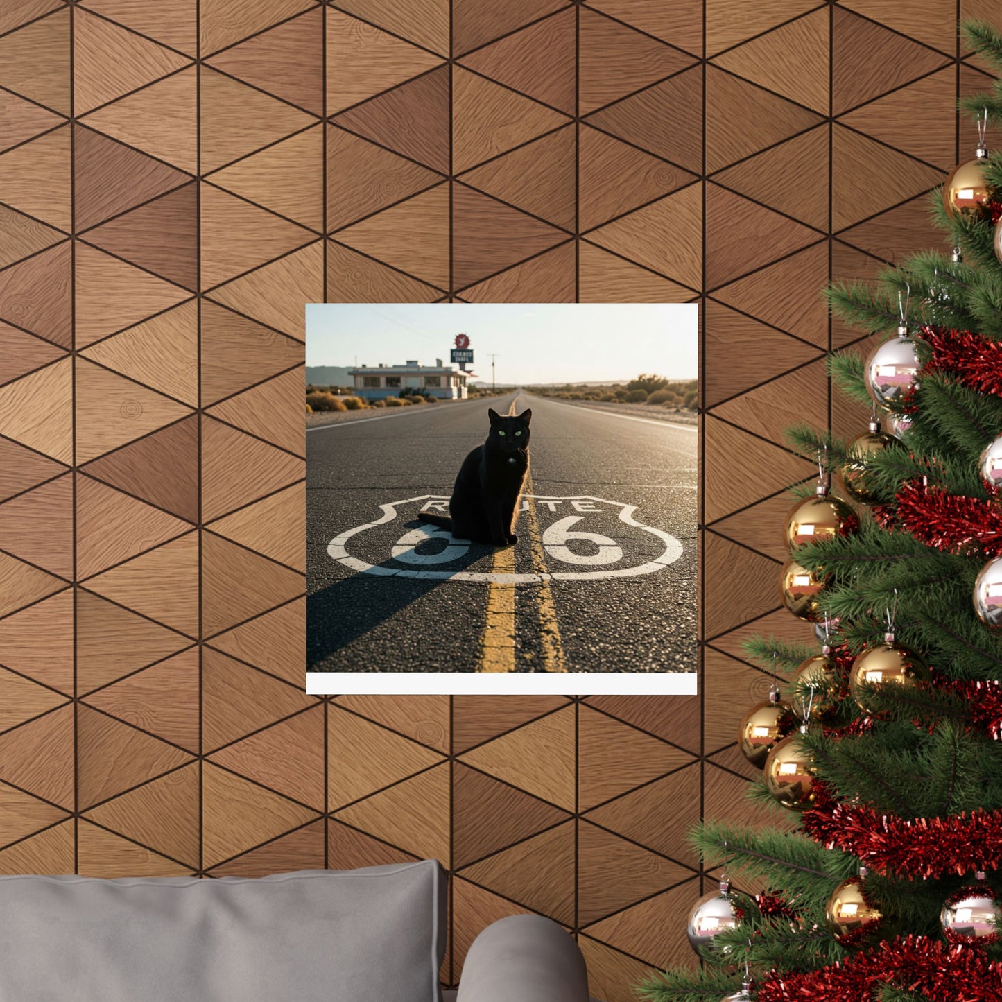 Chic Matte Horizontal Poster - Black Cat on Route 66 - Modern Wall Art