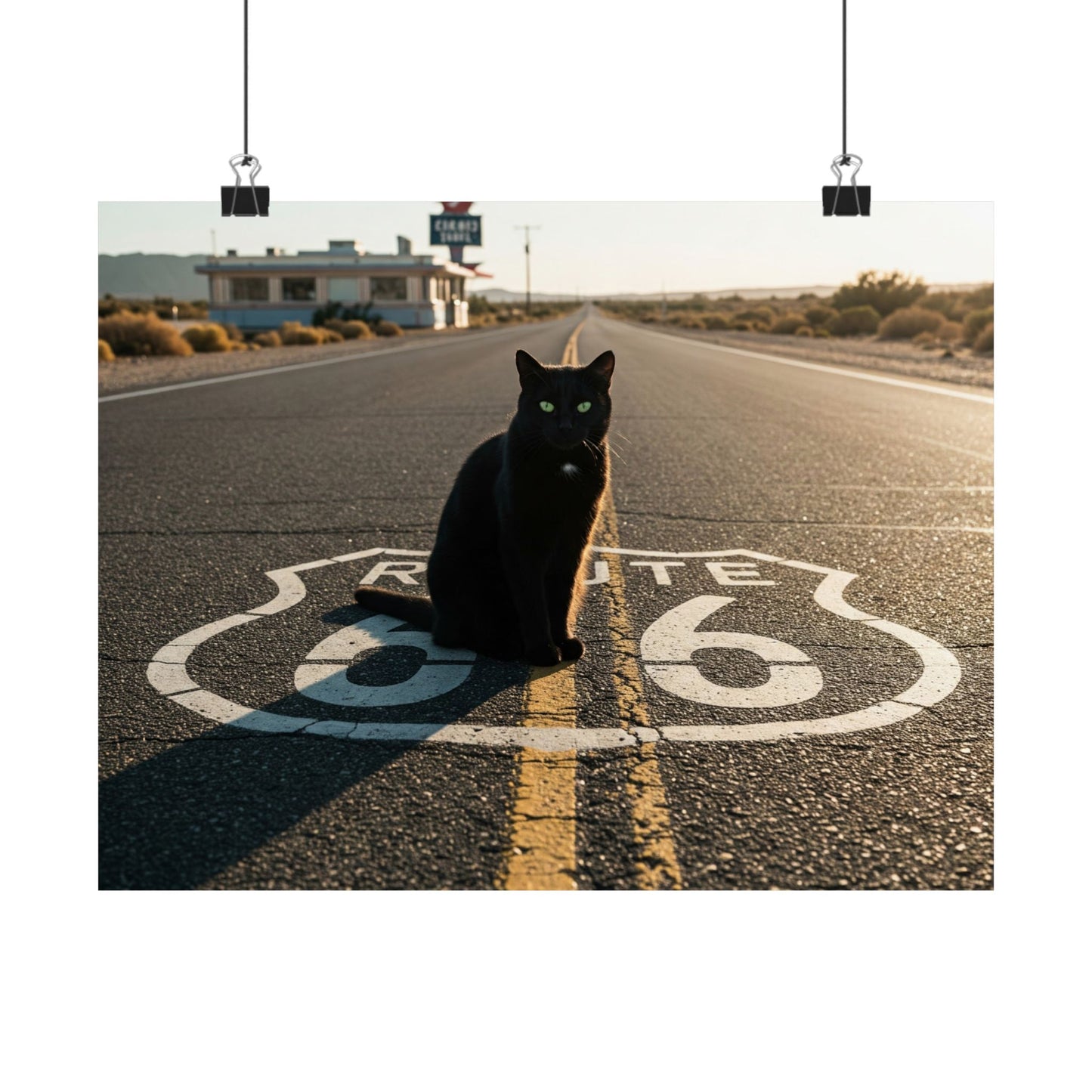 Chic Matte Horizontal Poster - Black Cat on Route 66 - Modern Wall Art
