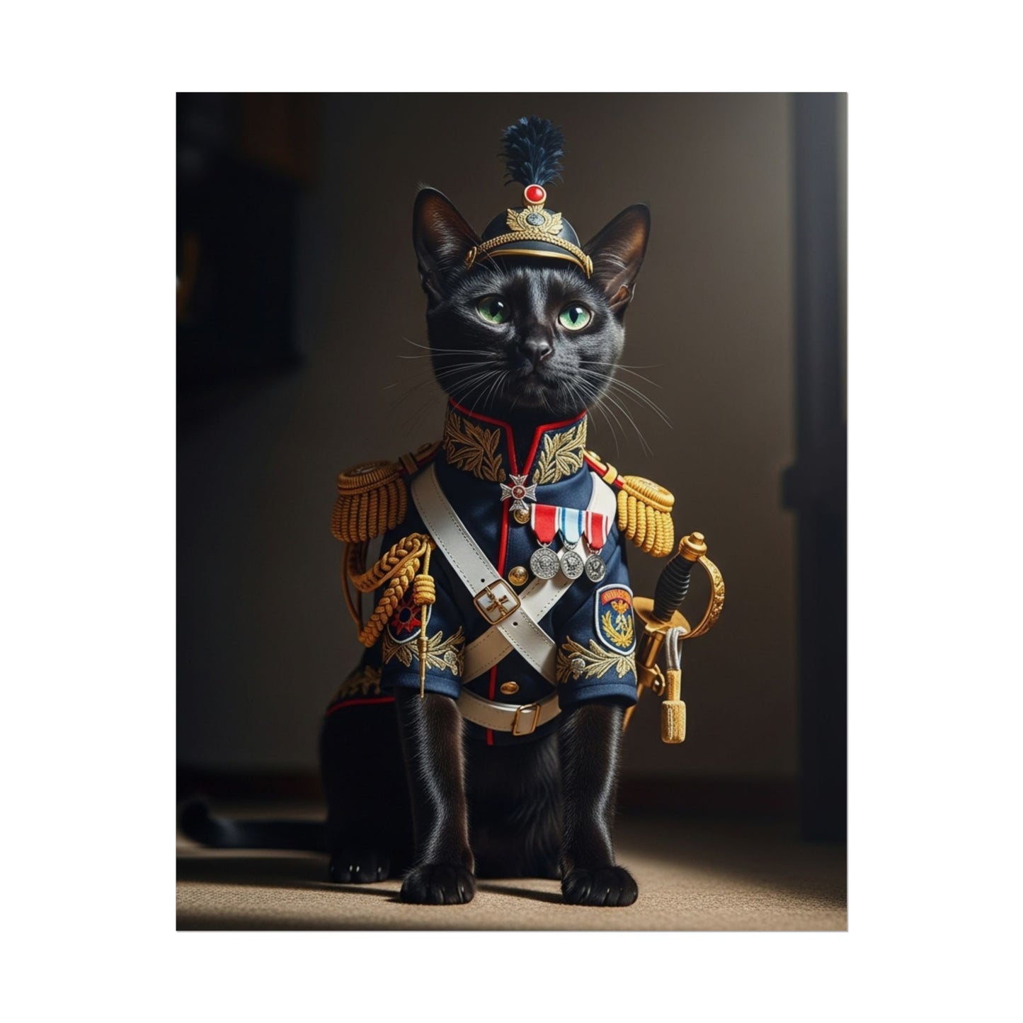 Black cat sitting military Poster - Fun Wall Art for Animal Lovers
