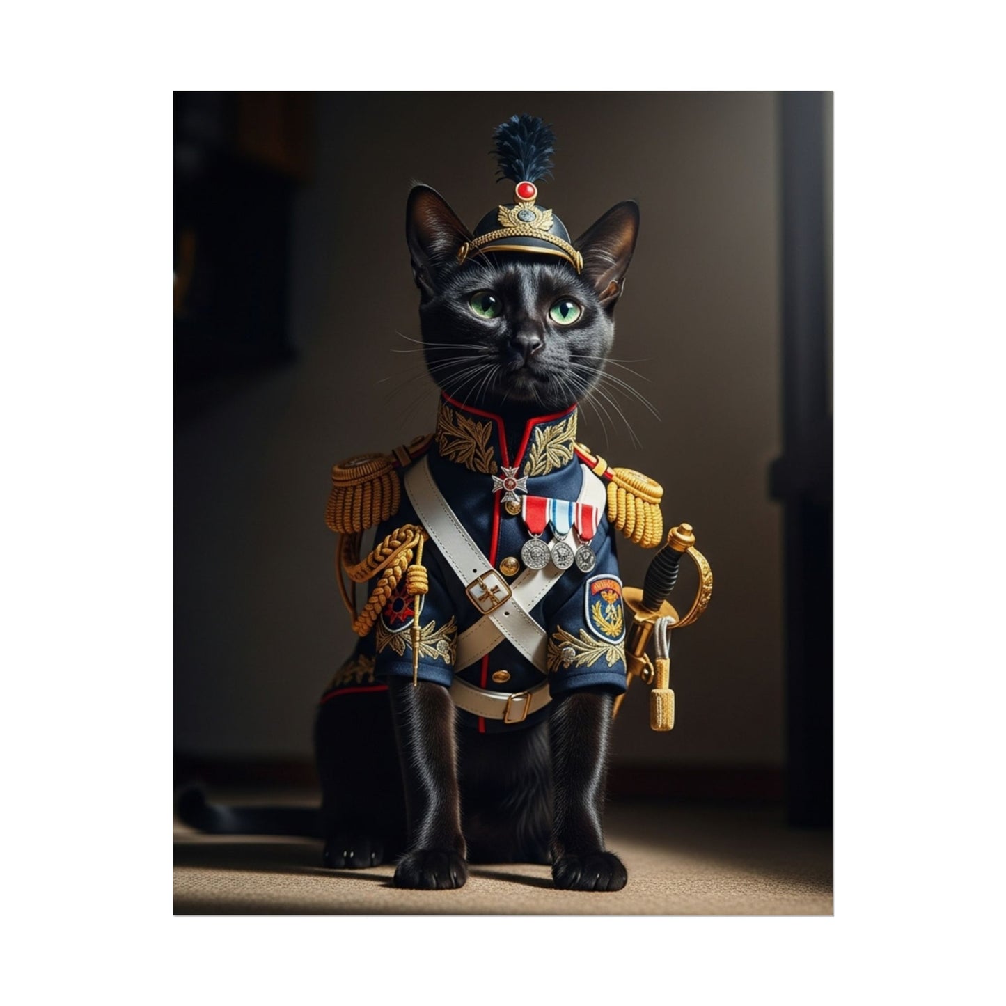 Black cat sitting military Poster - Fun Wall Art for Animal Lovers