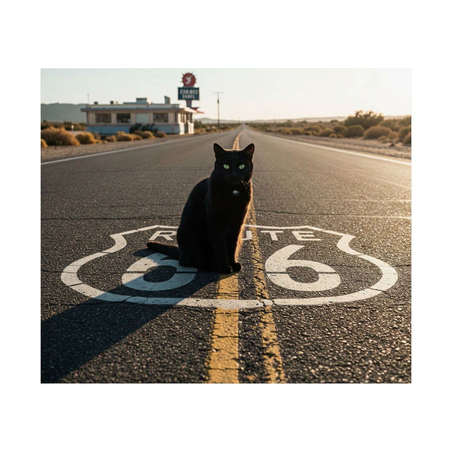 Chic Matte Horizontal Poster - Black Cat on Route 66 - Modern Wall Art