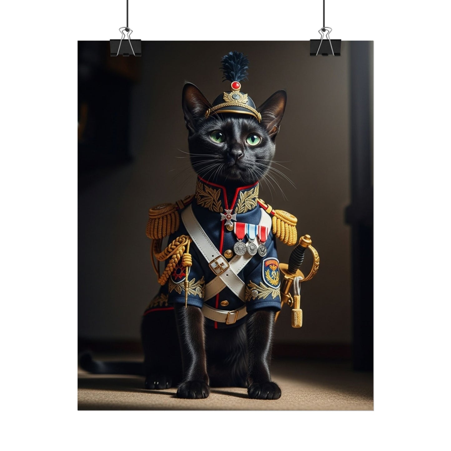 Black cat sitting military Poster - Fun Wall Art for Animal Lovers