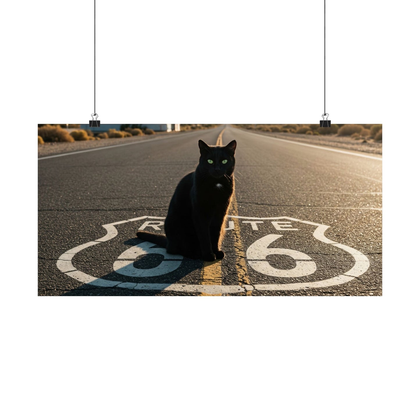 Chic Matte Horizontal Poster - Black Cat on Route 66 - Modern Wall Art