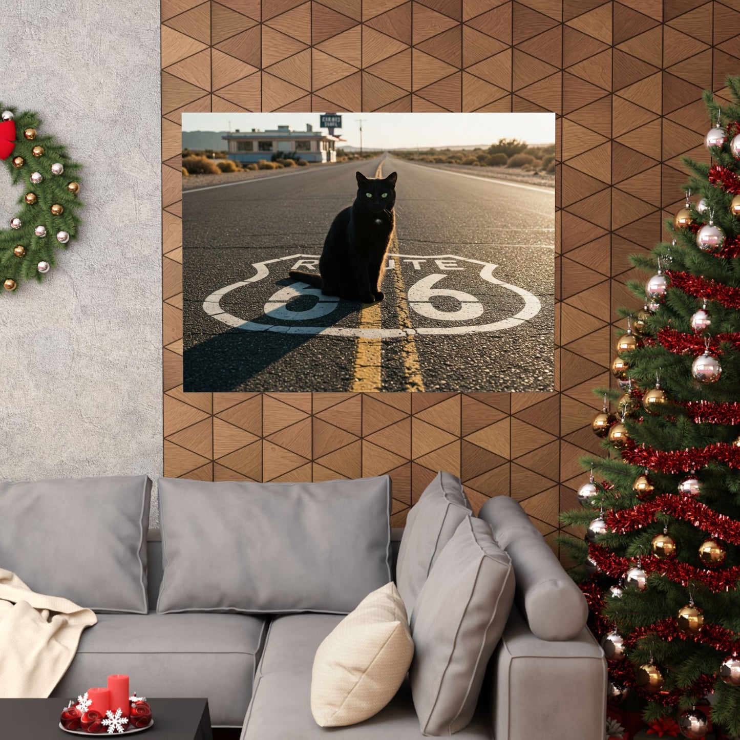 Chic Matte Horizontal Poster - Black Cat on Route 66 - Modern Wall Art