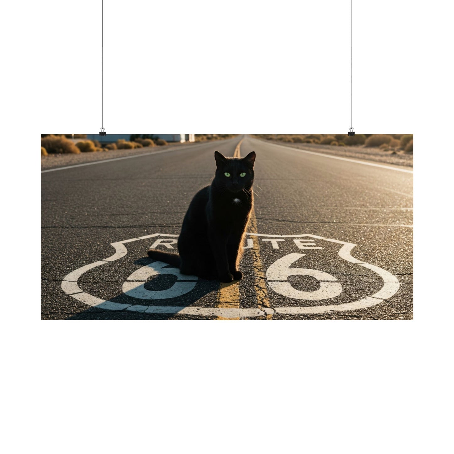 Chic Matte Horizontal Poster - Black Cat on Route 66 - Modern Wall Art
