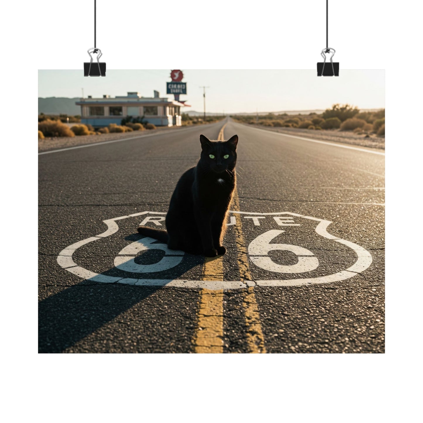 Chic Matte Horizontal Poster - Black Cat on Route 66 - Modern Wall Art
