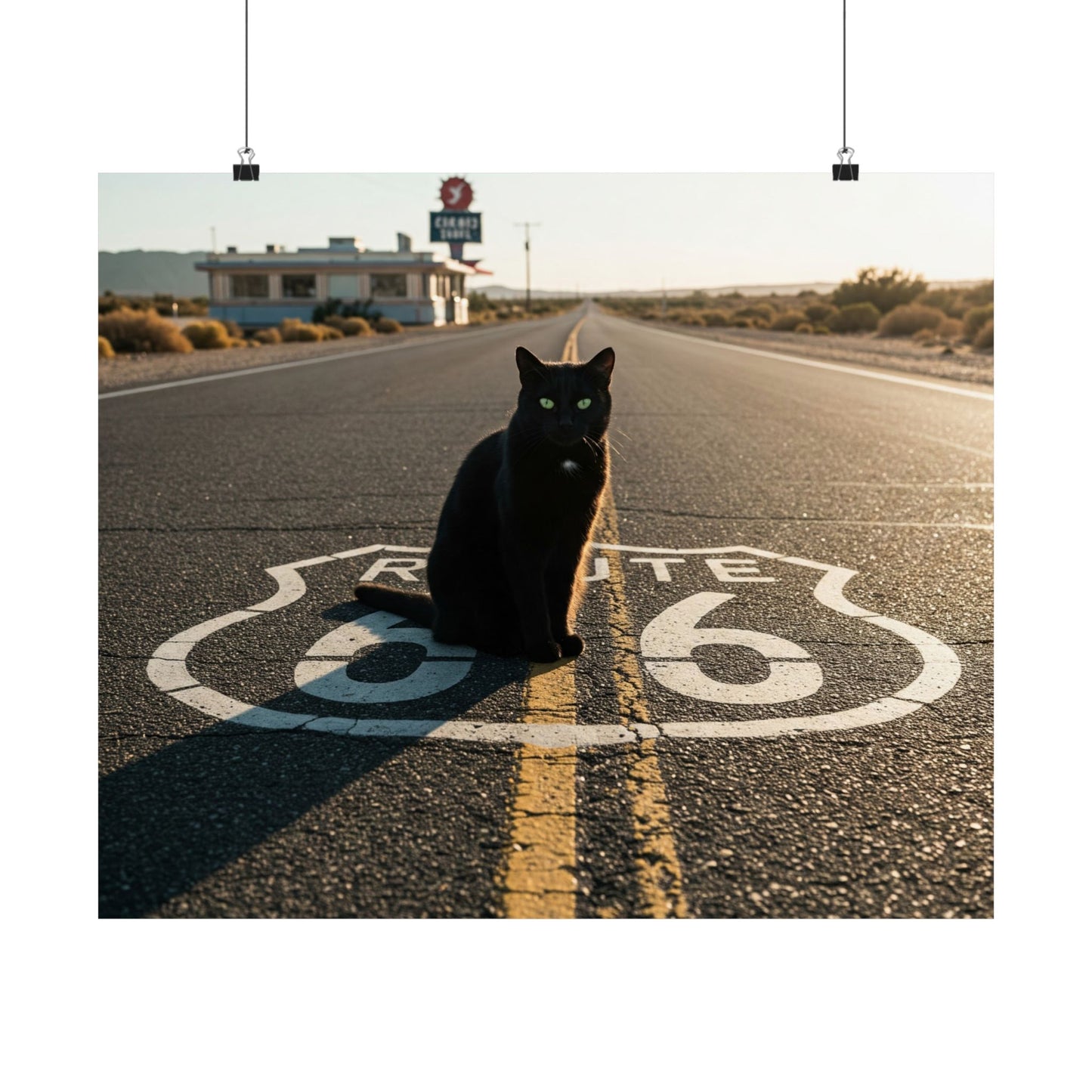 Chic Matte Horizontal Poster - Black Cat on Route 66 - Modern Wall Art