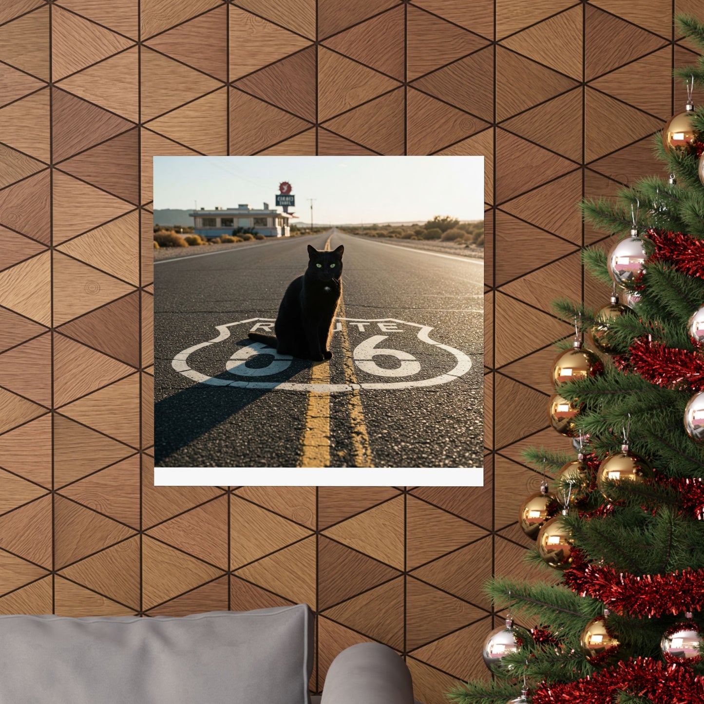 Chic Matte Horizontal Poster - Black Cat on Route 66 - Modern Wall Art