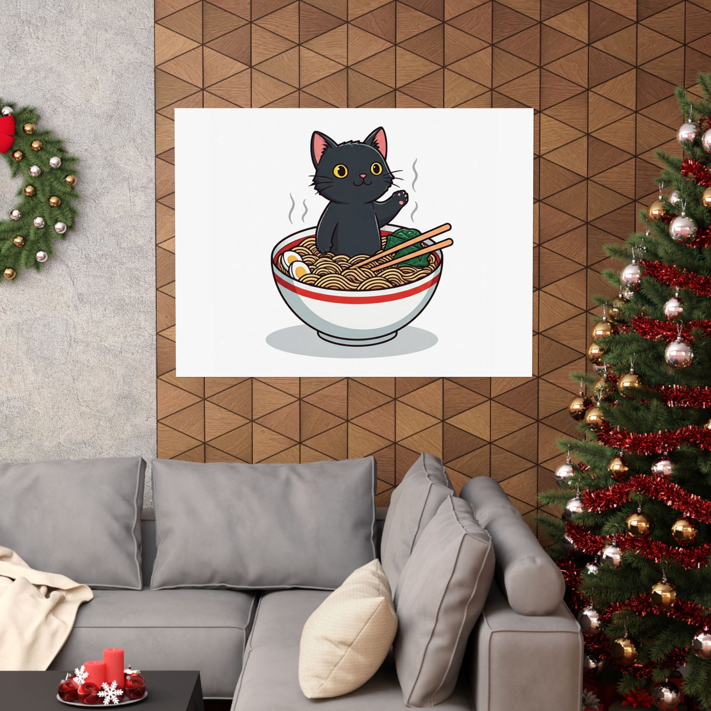 black cat in a bowl of ramen noodles wall art