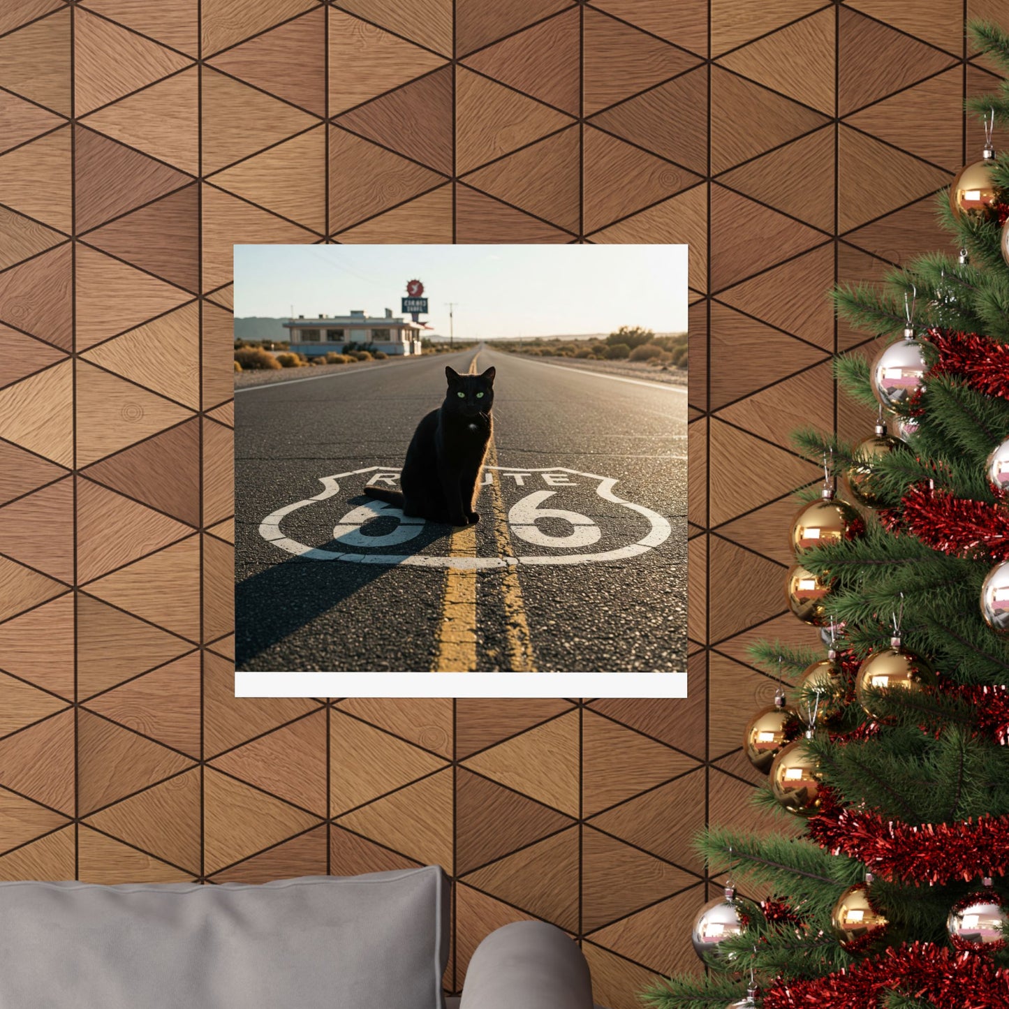 Chic Matte Horizontal Poster - Black Cat on Route 66 - Modern Wall Art