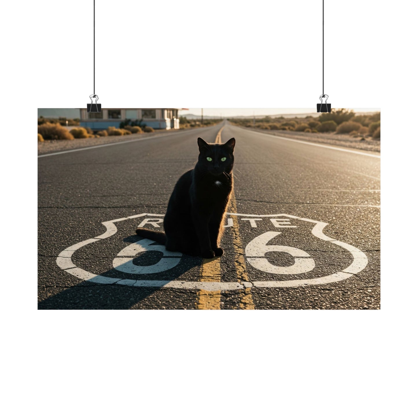 Chic Matte Horizontal Poster - Black Cat on Route 66 - Modern Wall Art