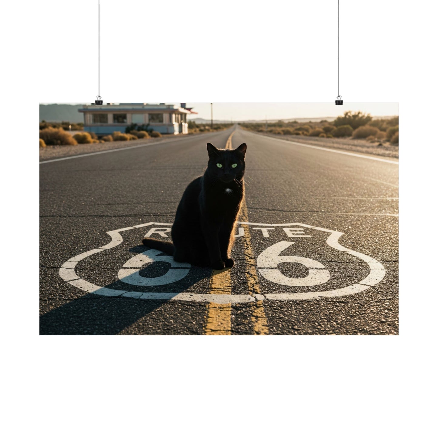 Chic Matte Horizontal Poster - Black Cat on Route 66 - Modern Wall Art