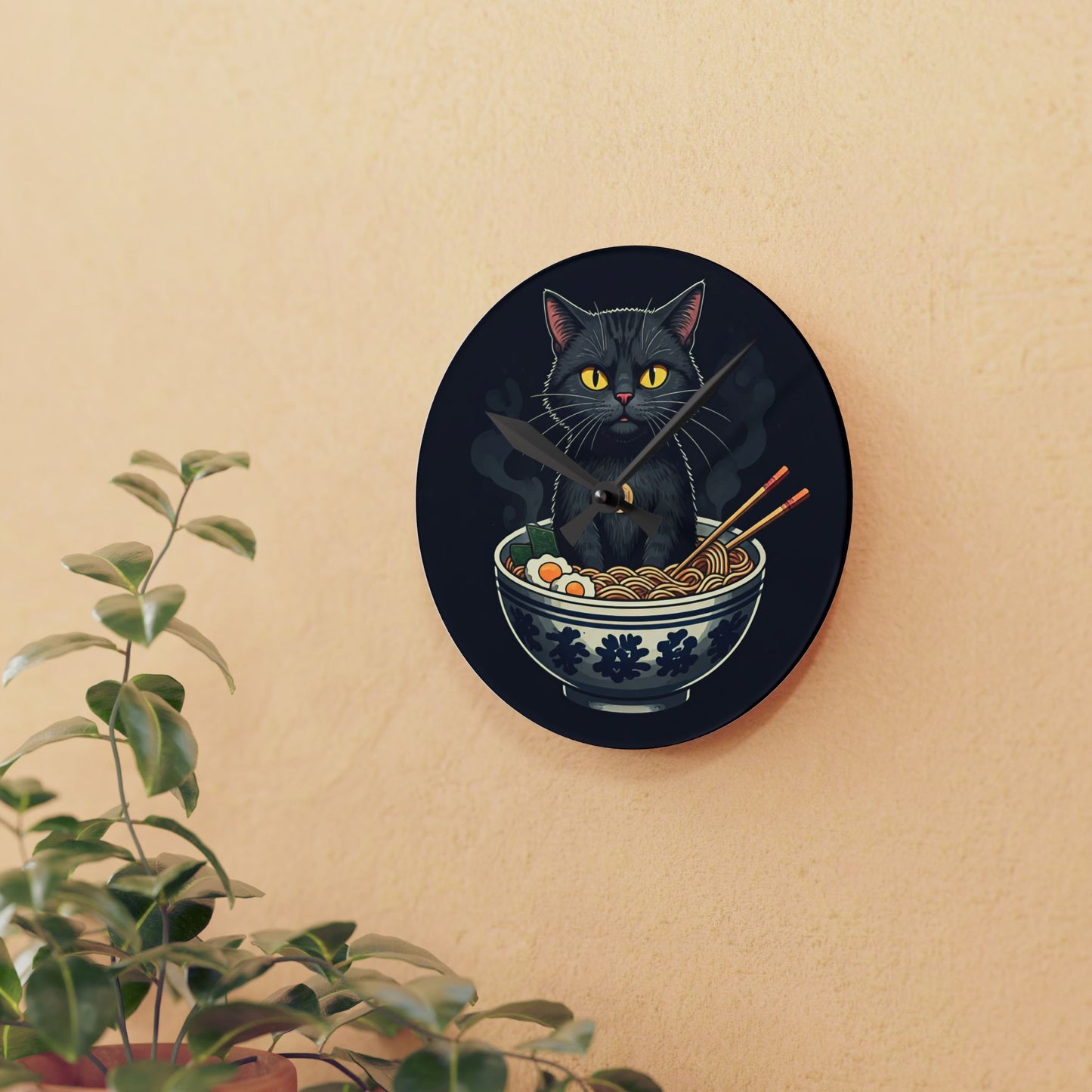 Acrylic Wall Clock Mysterious Ramen Cat