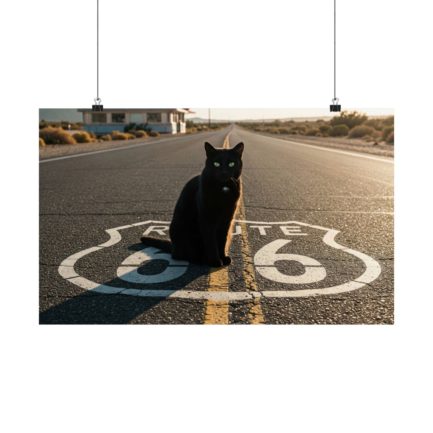 Chic Matte Horizontal Poster - Black Cat on Route 66 - Modern Wall Art