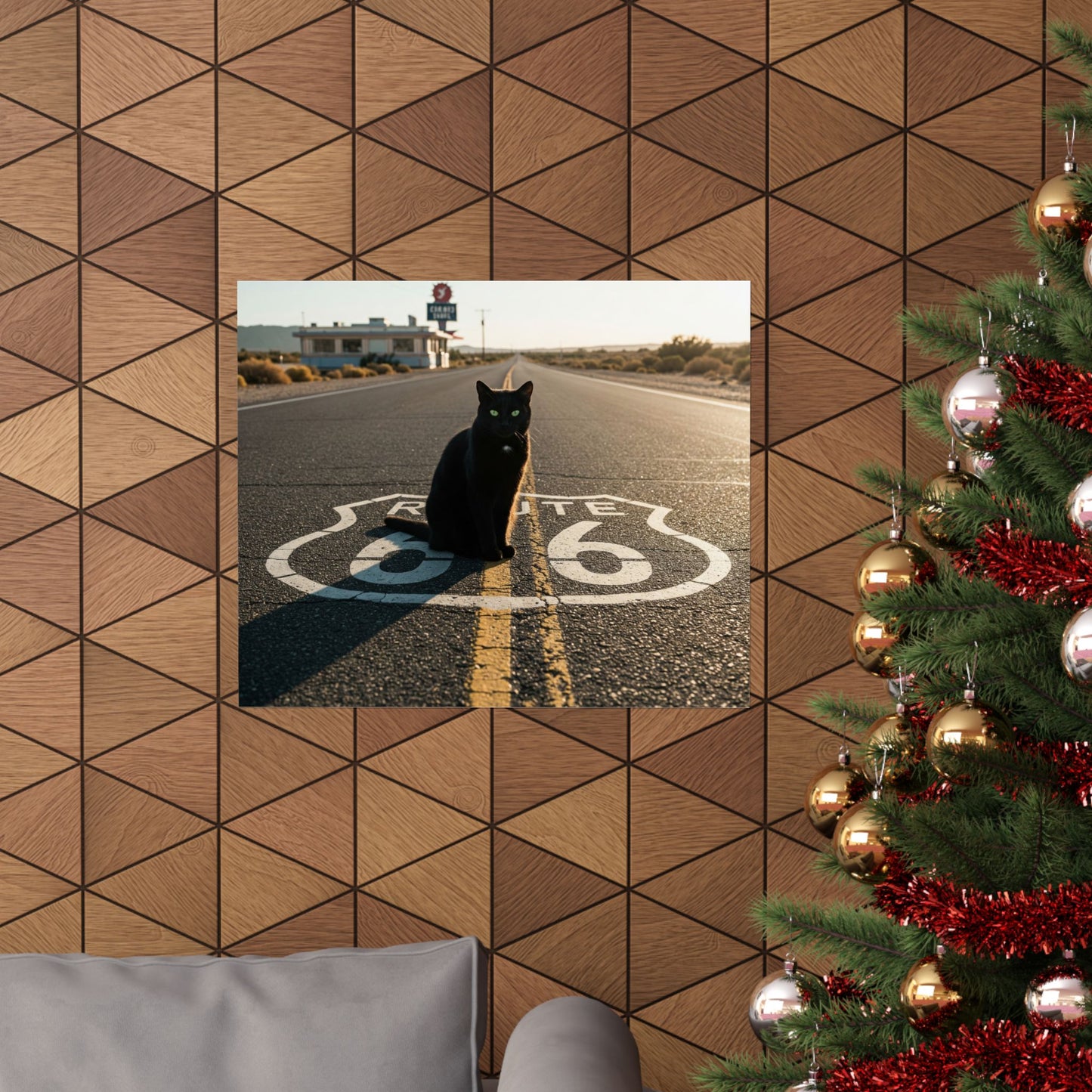 Chic Matte Horizontal Poster - Black Cat on Route 66 - Modern Wall Art