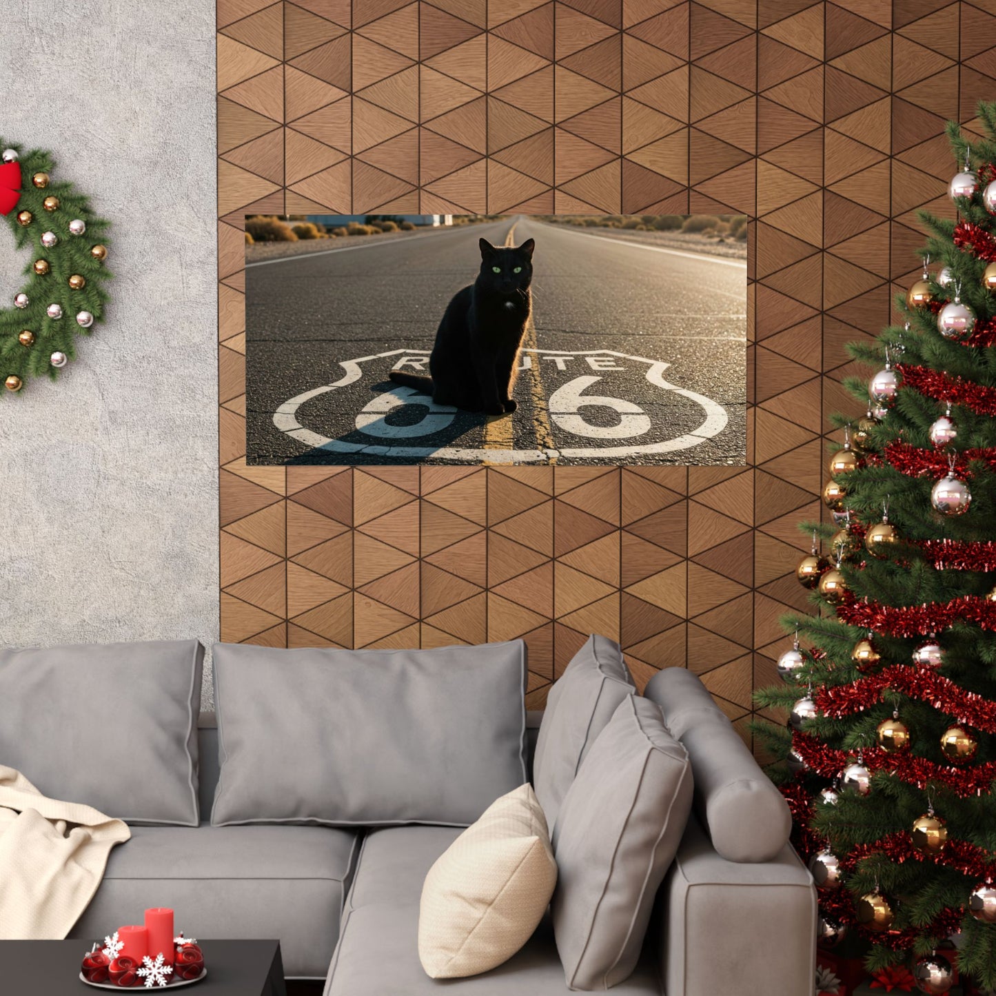 Chic Matte Horizontal Poster - Black Cat on Route 66 - Modern Wall Art