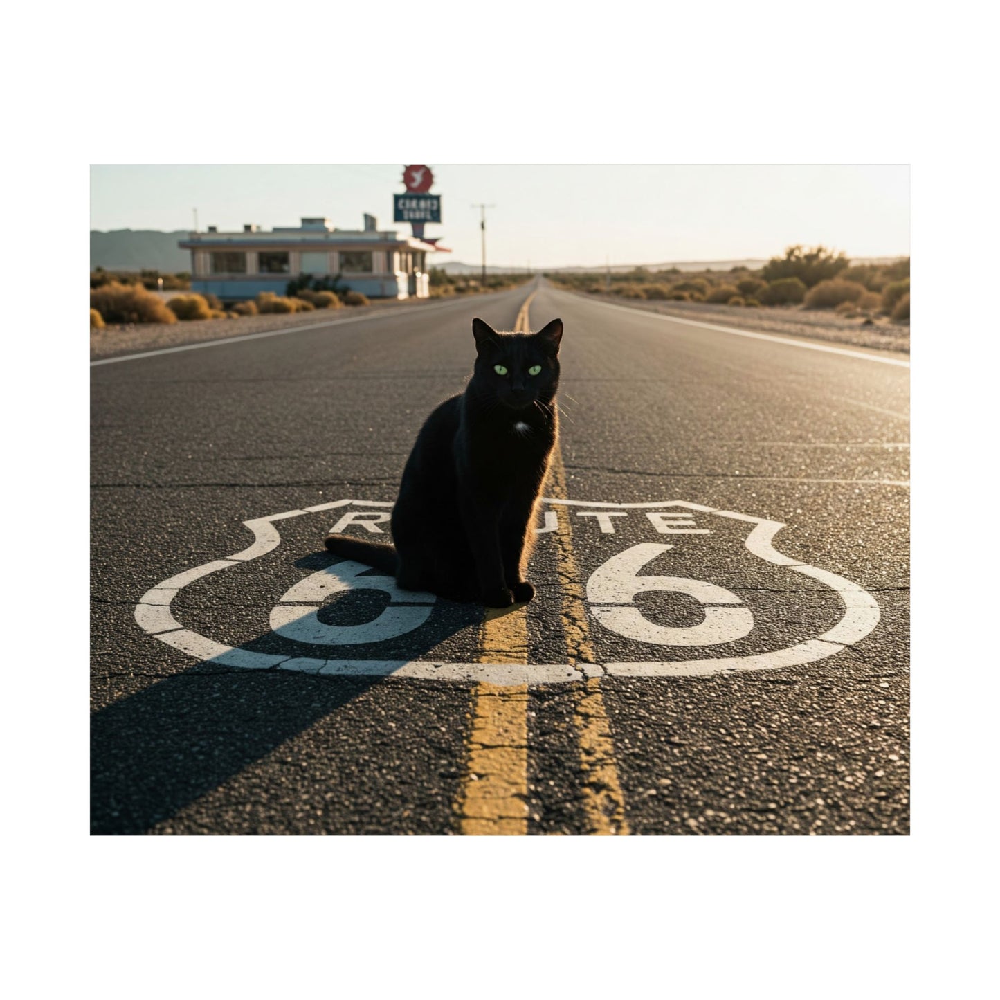 Chic Matte Horizontal Poster - Black Cat on Route 66 - Modern Wall Art
