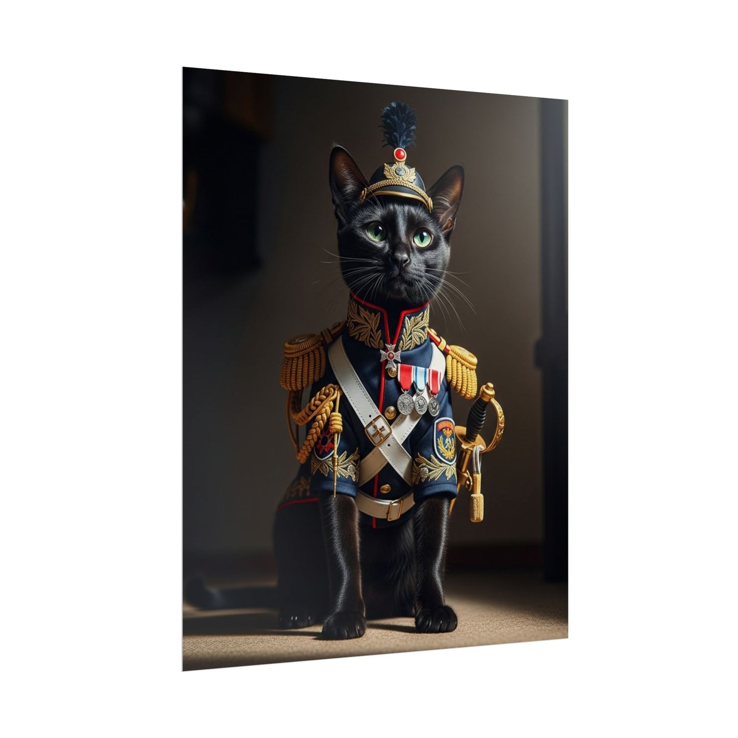 Black cat sitting military Poster - Fun Wall Art for Animal Lovers