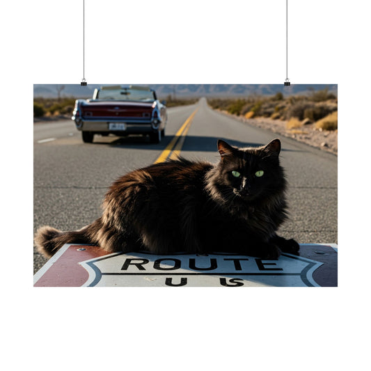 Vintage Route 66 Cat Poster | Matte Horizontal Wall Art