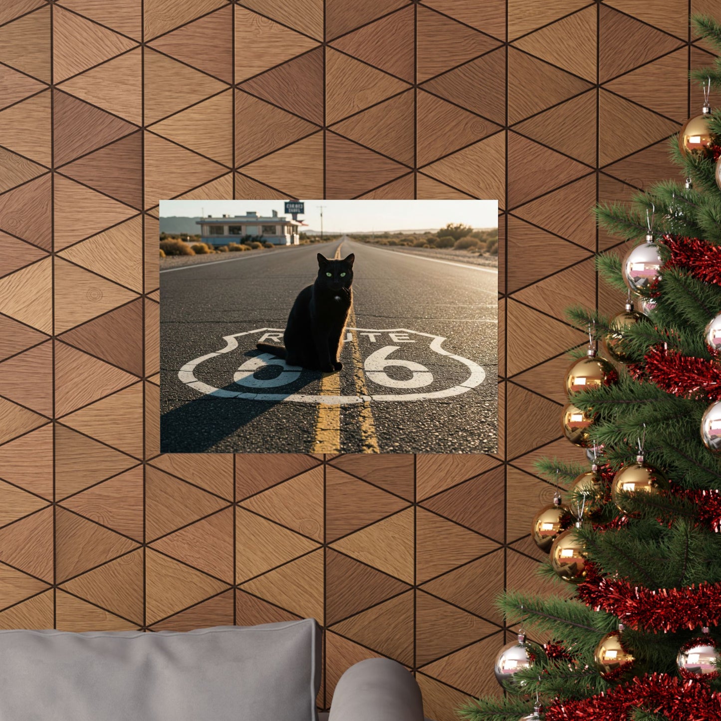 Chic Matte Horizontal Poster - Black Cat on Route 66 - Modern Wall Art