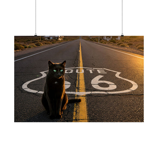 Vintage Route 66 Cat Poster - Matte Horizontal Wall Art for Home Decor