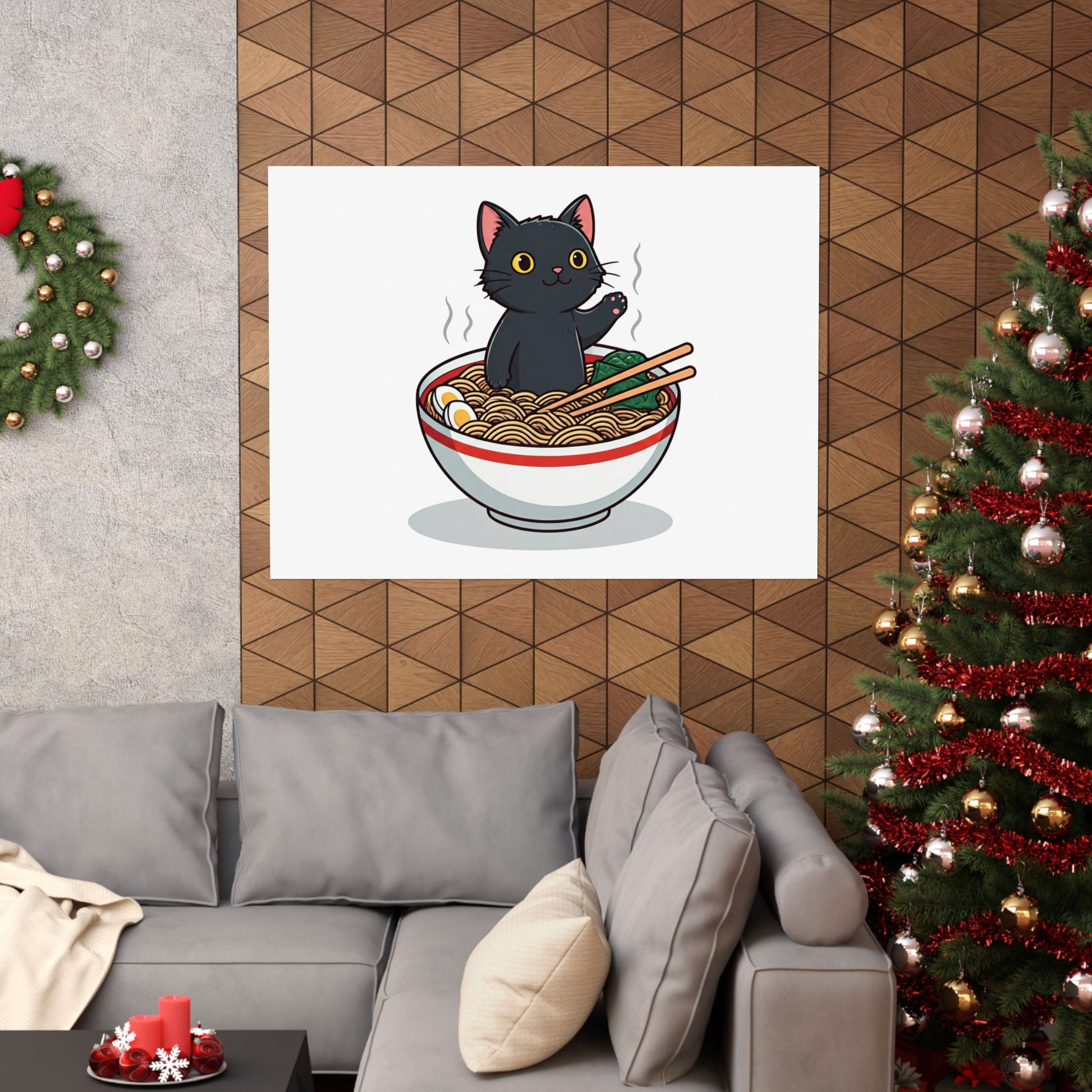 black cat in a bowl of ramen noodles  wall art 