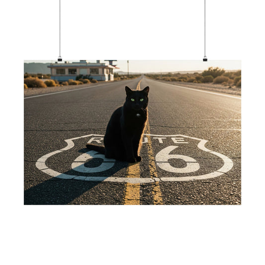 Chic Matte Horizontal Poster - Black Cat on Route 66 - Modern Wall Art
